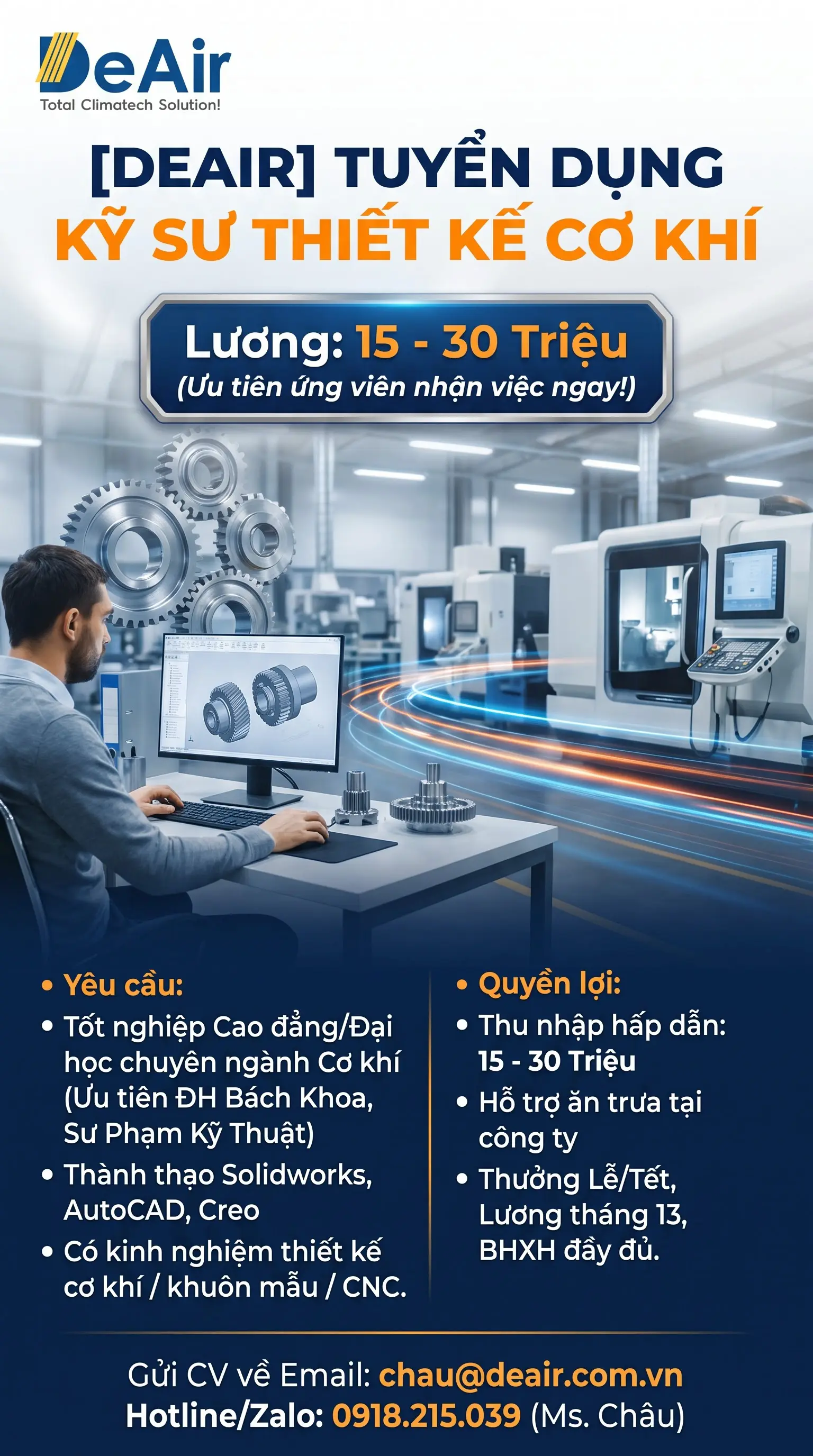 [DEAIR] TUYỂN DỤNG KỸ SƯ THIẾT KẾ CƠ KHÍ (15 - 30 TRIỆU) - ƯU TIÊN ỨNG VIÊN NHẬN VIỆC NGAY