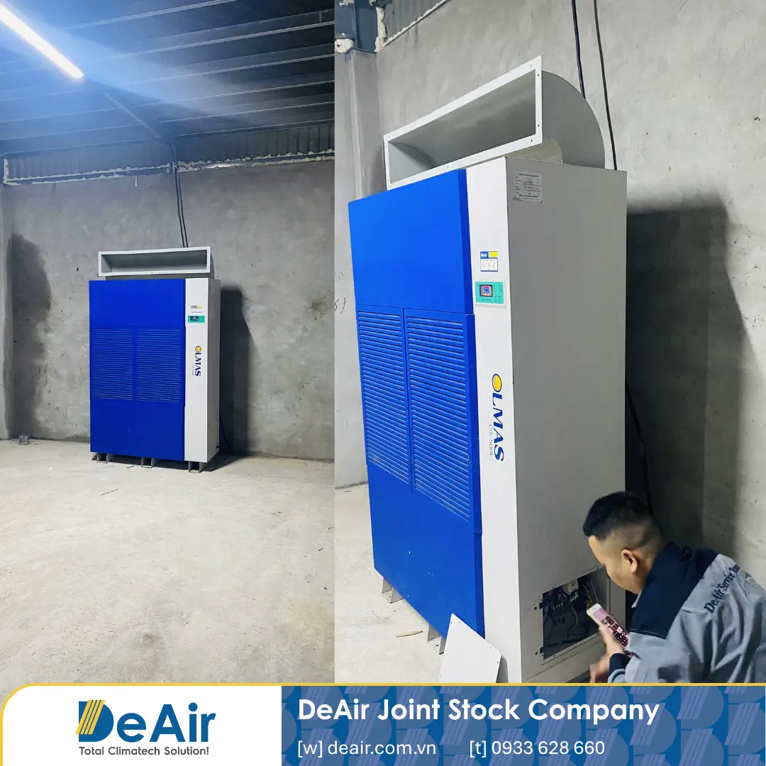 Máy hút ẩm công nghiệp Olmas OS-500 vận hành tại kho thành phẩm