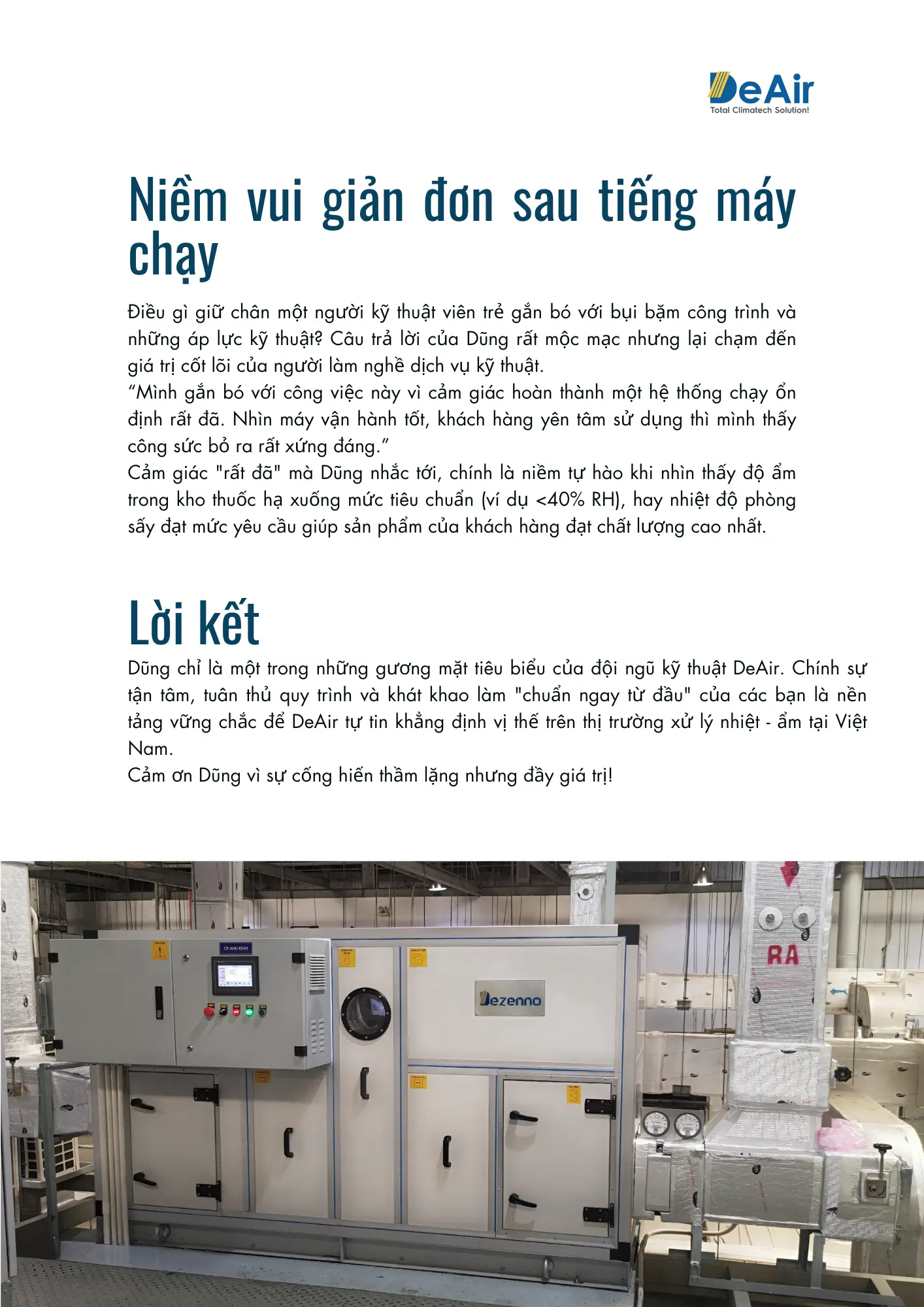 Niềm vui của kỹ thuật viên DeAir khi hệ thống vận hành ổn định