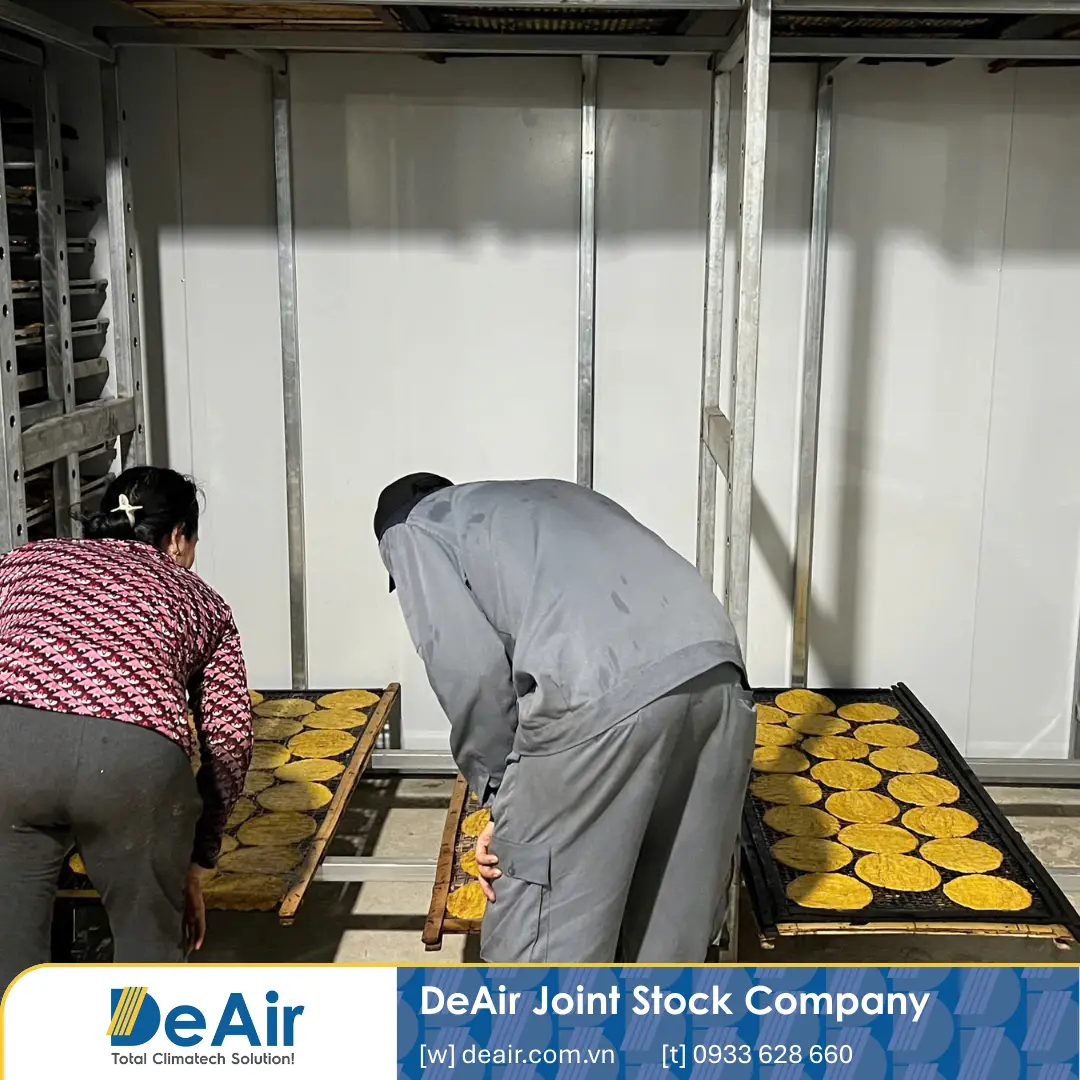 Chuyên viên kỹ thuật DeAir hướng dẫn khách hàng cách xếp khay và cài đặt thông số sấy chuối