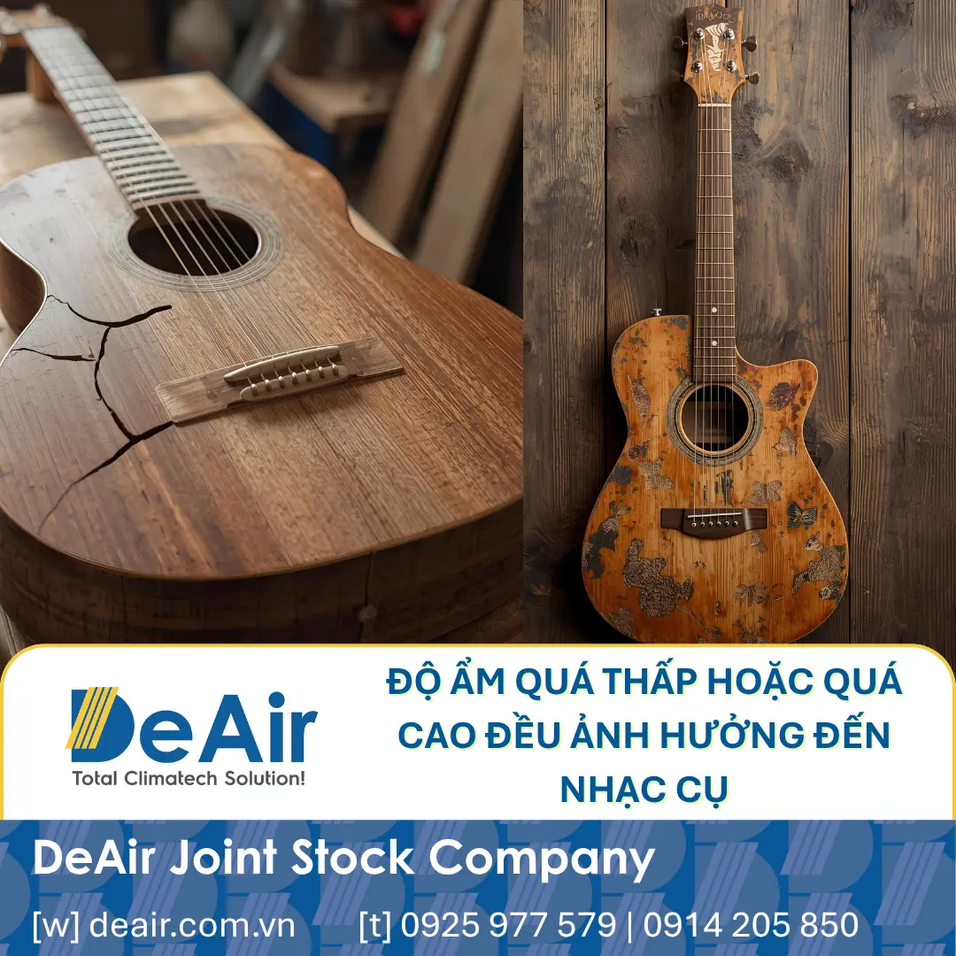 Image of a guitar with a cracked top and mold in its case due to high humidity.