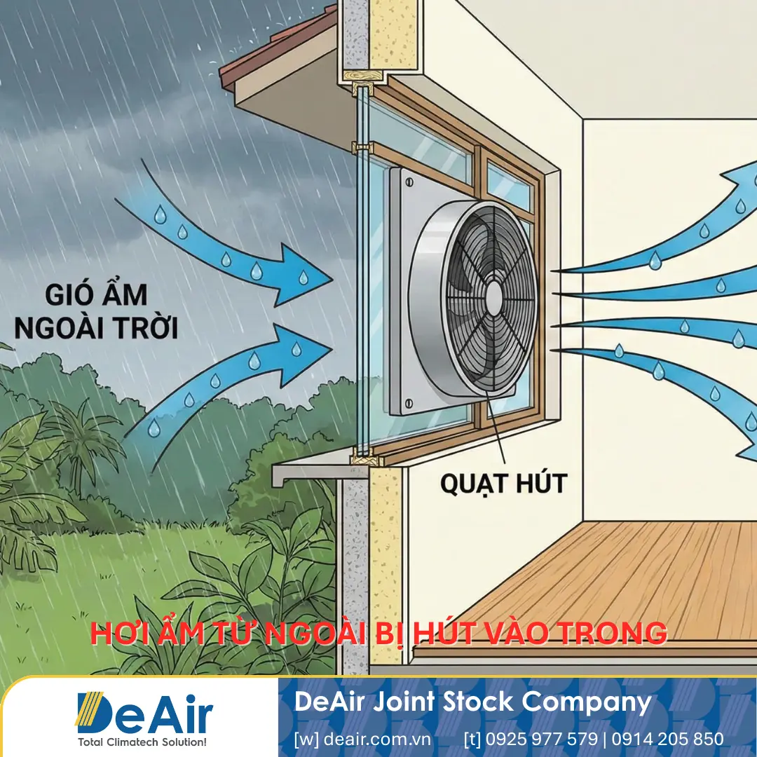 Illustration showing outdoor moisture being sucked into the factory by fans.