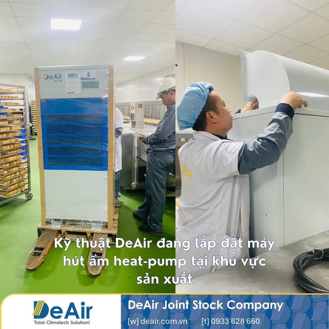 Kỹ thuật viên DeAir đang lắp đặt, đấu nối máy hút ẩm RE-300 vào dây chuyền sản xuất bánh kẹo