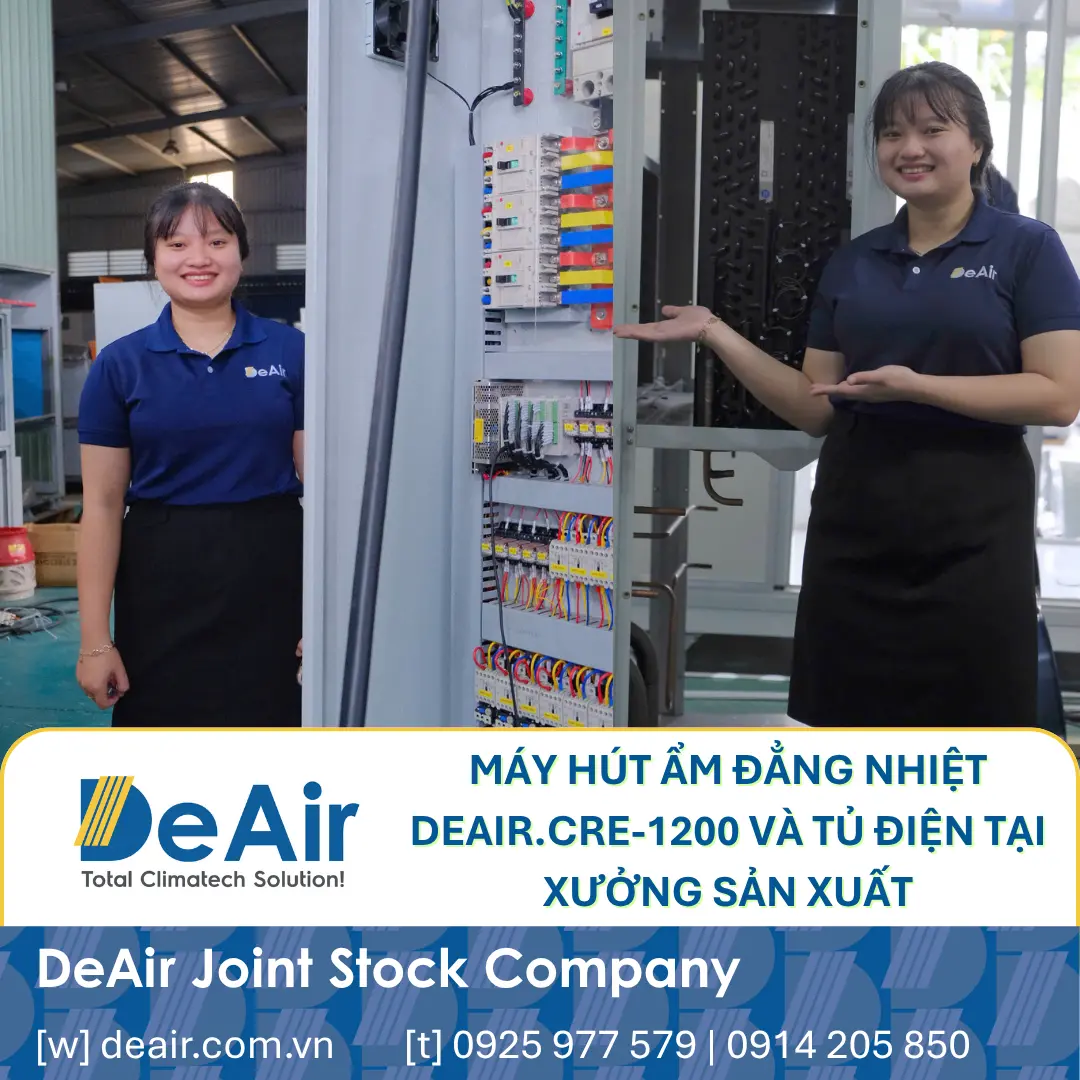 The central control cabinet and machine units of the DeAir.CRE-1200 isothermal dehumidifiers during production at the DeAir factory.