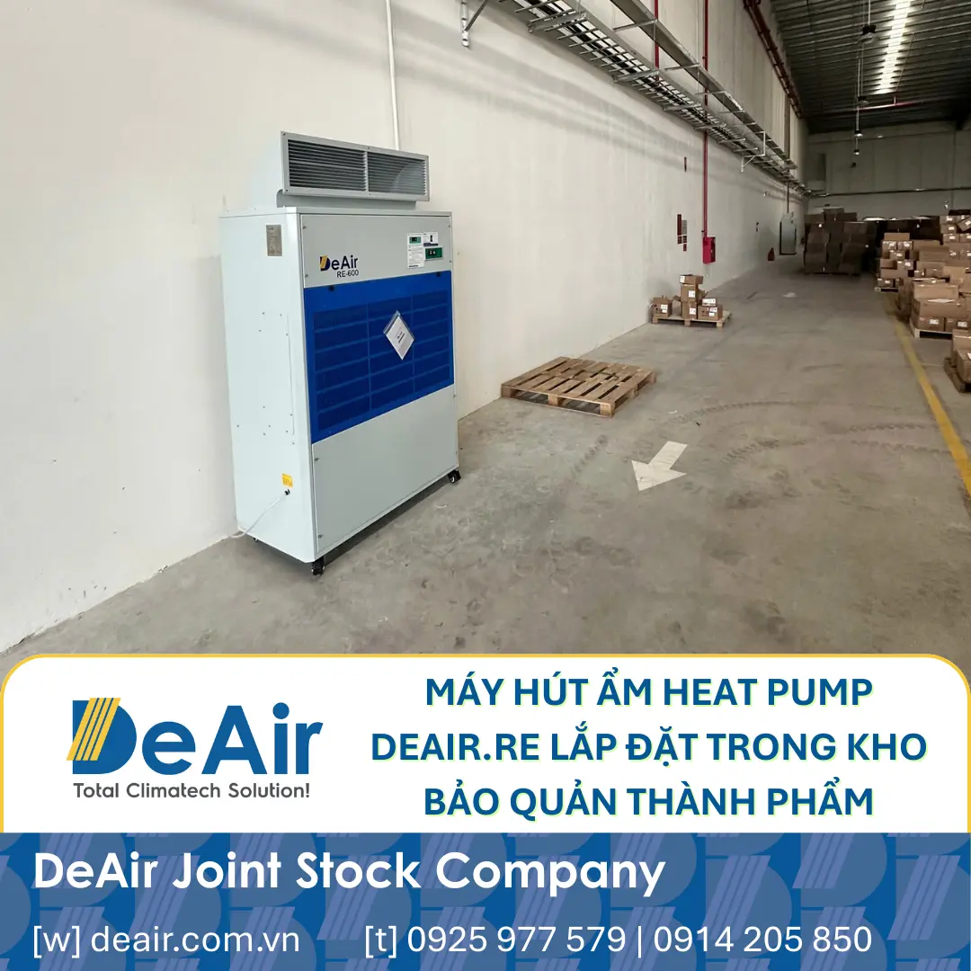 DeAir.RE industrial dehumidifier installed in a finished product storage warehouse.