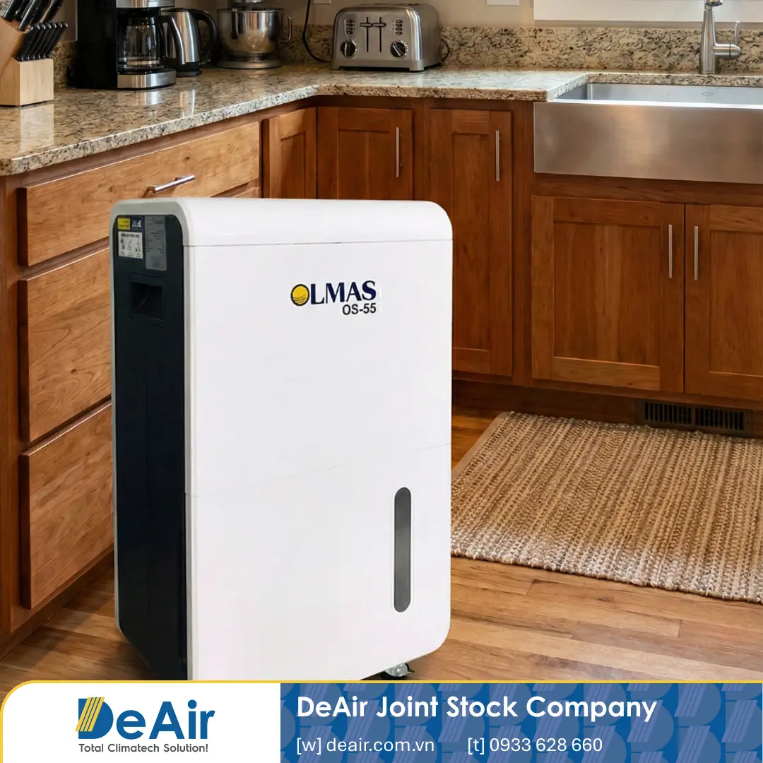 Máy hút ẩm Olmas OS-55 hoạt động êm ái trong phòng bếp giúp không gian khô ráo