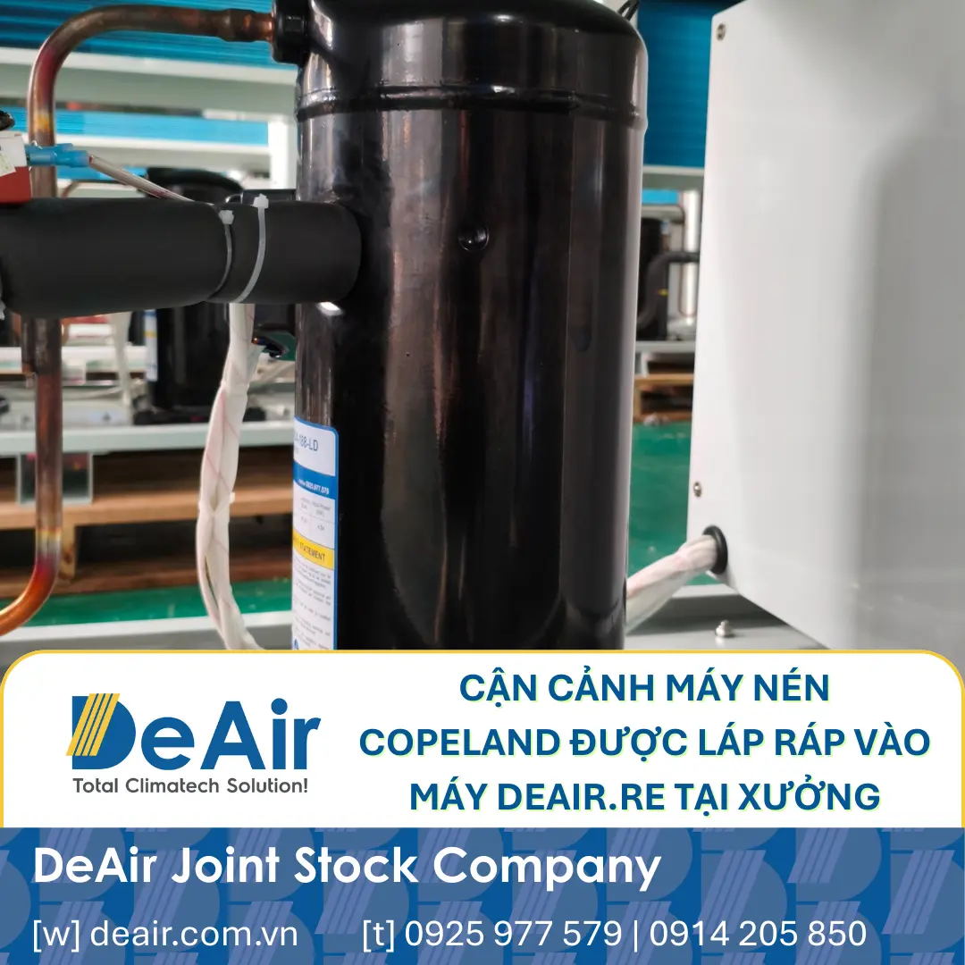 Copeland compressor being installed into a dehumidifier frame at the DeAir factory.