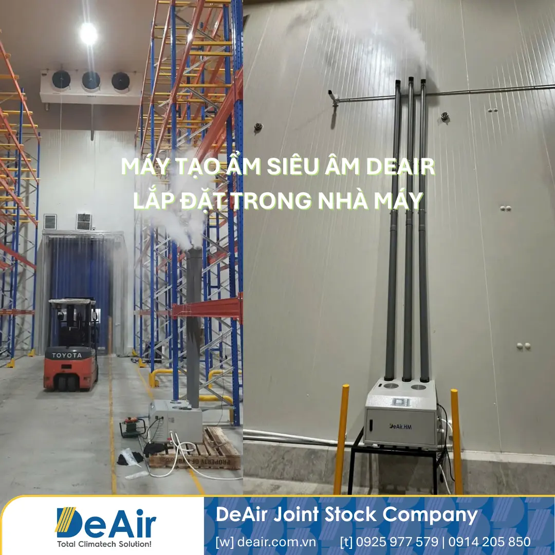 DeAir ultrasonic humidifier system installed overhead to evenly supply moisture to the spinning mill.