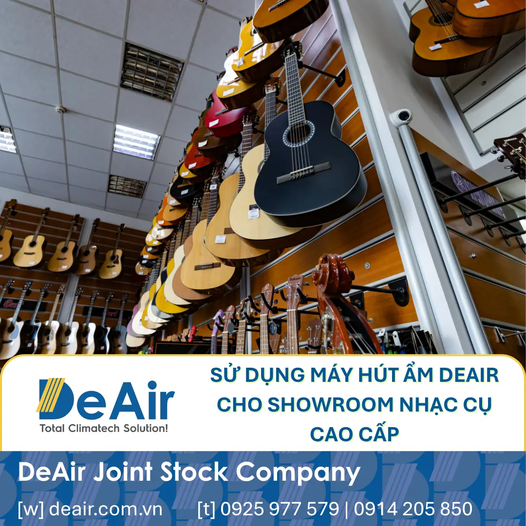 A high-end musical instrument showroom with pianos and guitars that need humidity protection.