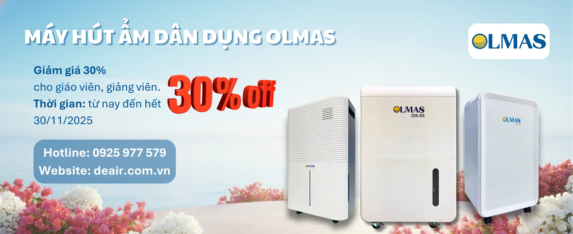 Promotion banner for 30% off Olmas home dehumidifiers for Vietnamese Teachers' Day 20/11.